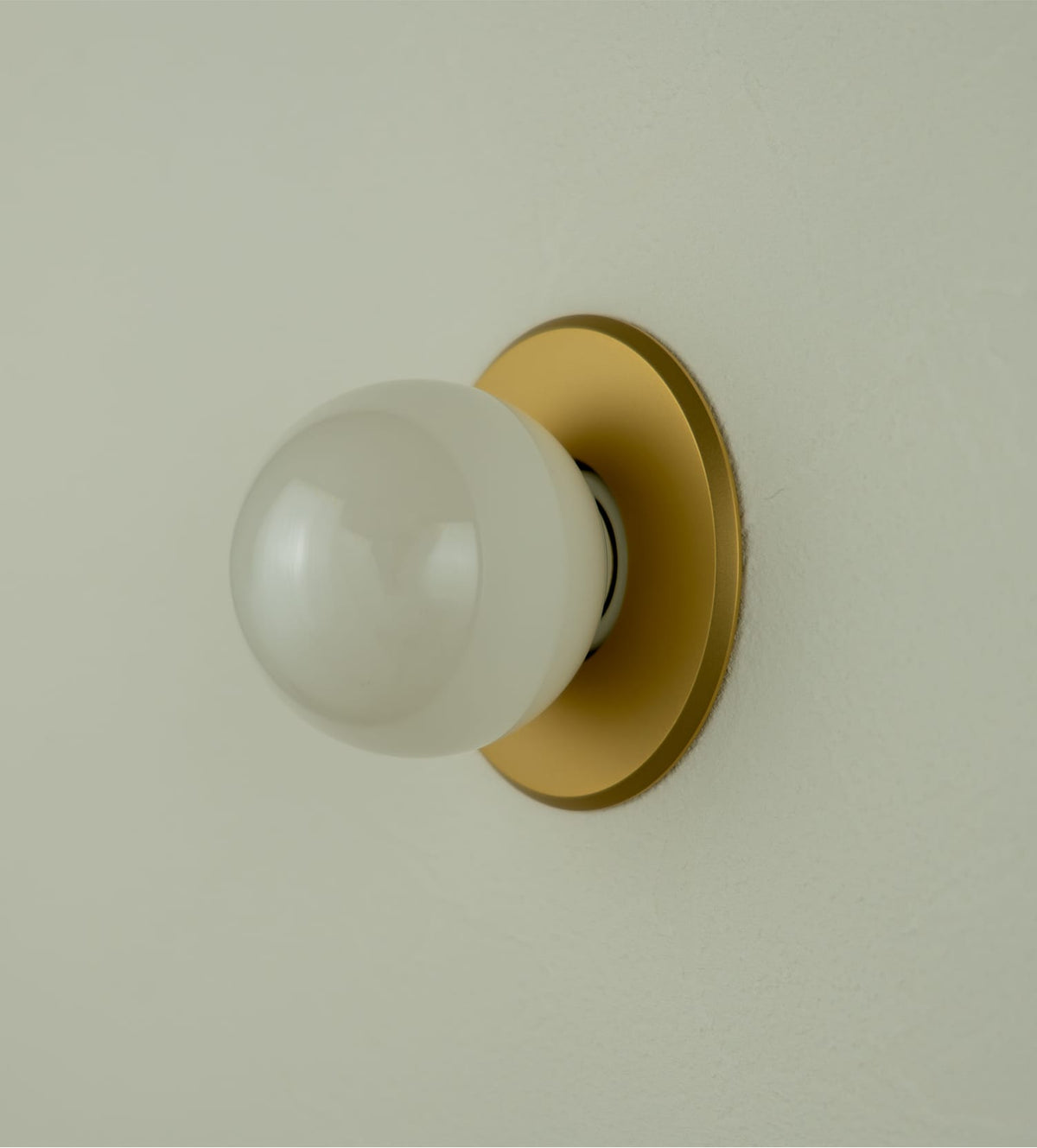 On [brass/saten] サテン仕上げの真鍮プレートと電球を斜めから見た様子